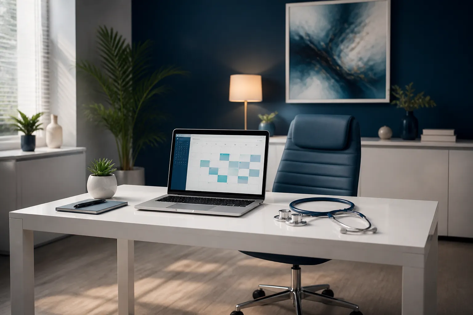 Modern medical clinic with AI-powered patient booking system on screen